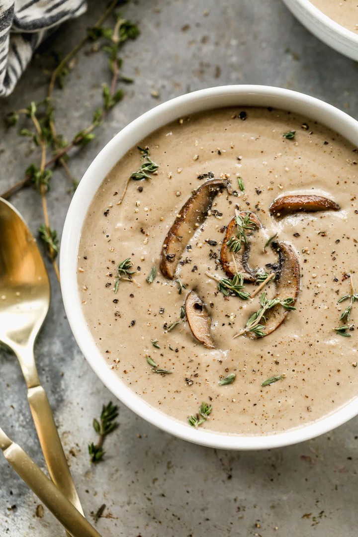 Mushroom soup in a white bowl