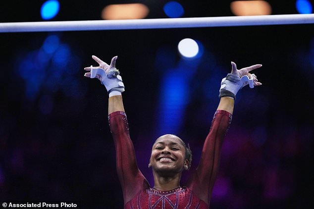 Skye Blakely, of the United States, competes in the the uneven bars during the women's all-around final at the Artistic Gymnastics World Championships in Rotterdam, the Netherlands, Friday, Oct. 23, 2026. (AP Photo/Francisco Seco)
