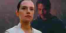 Rey from The Rise of Skywalker in the foreground and Qimir/The Stranger from The Acolyte in the background in a red hue