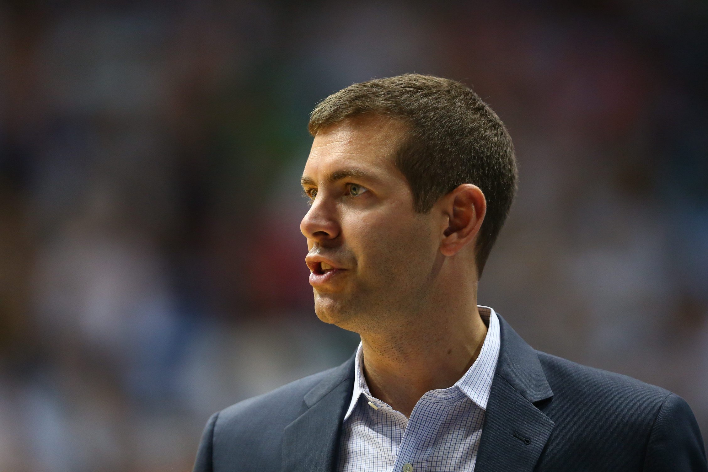 Sep 28, 2018; Chapel Hill, NC, USA; Boston Celtics head coach Brad Stevens stands on the court in the game against the Charlotte Hornets at Dean E. Smith Center. Mandatory Credit: Jeremy Brevard-USA TODAY Sports