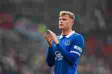 Everton's Jarrad Branthwaite applauds the fans at the final whistle of the Premier League match between Manchester United and Everton at Old Traffo...