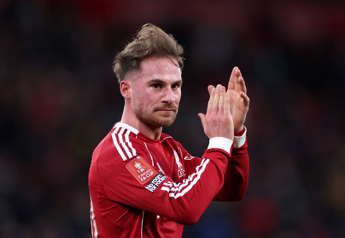 LIVERPOOL, ENGLAND - FEBRUARY 14: Alexis Mac Allister of Liverpool acknowledges the fans following the teams victory in the Emirates FA Cup Fourth Round match between Liverpool and Brighton & Hove Albion at Anfield on February 14, 2026 in Liverpool, England. (Photo by Lewis Storey/Getty Images)