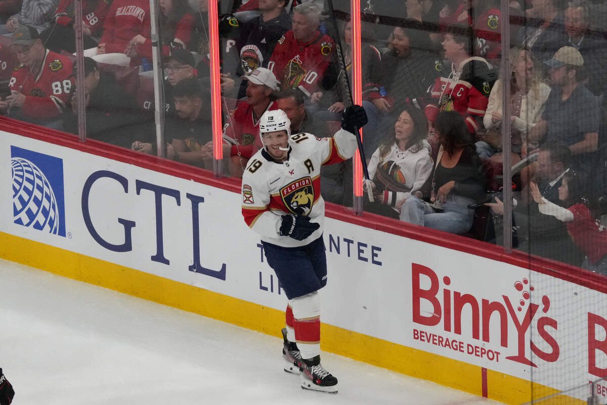 Oct 25, 2026; Chicago, Illinois, USA;  Florida Panthers left wing Matthew Tkachuk (19) celebrates his goal against the Chicago Blackhawks during the first period at United Center.  Mandatory Credit: David Banks-Imagn Images