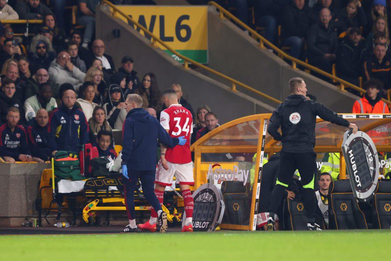 WOLVERHAMPTON, ENGLAND - NOVEMBER 12: Granit Xhaka of Arsenal leaves the pitch after receiving medical treatment during the Premier League match between Wolverhampton Wanderers and Arsenal FC at Molineux on November 12, 2022 in Wolverhampton, England. (Photo by Marc Atkins/Getty Images)