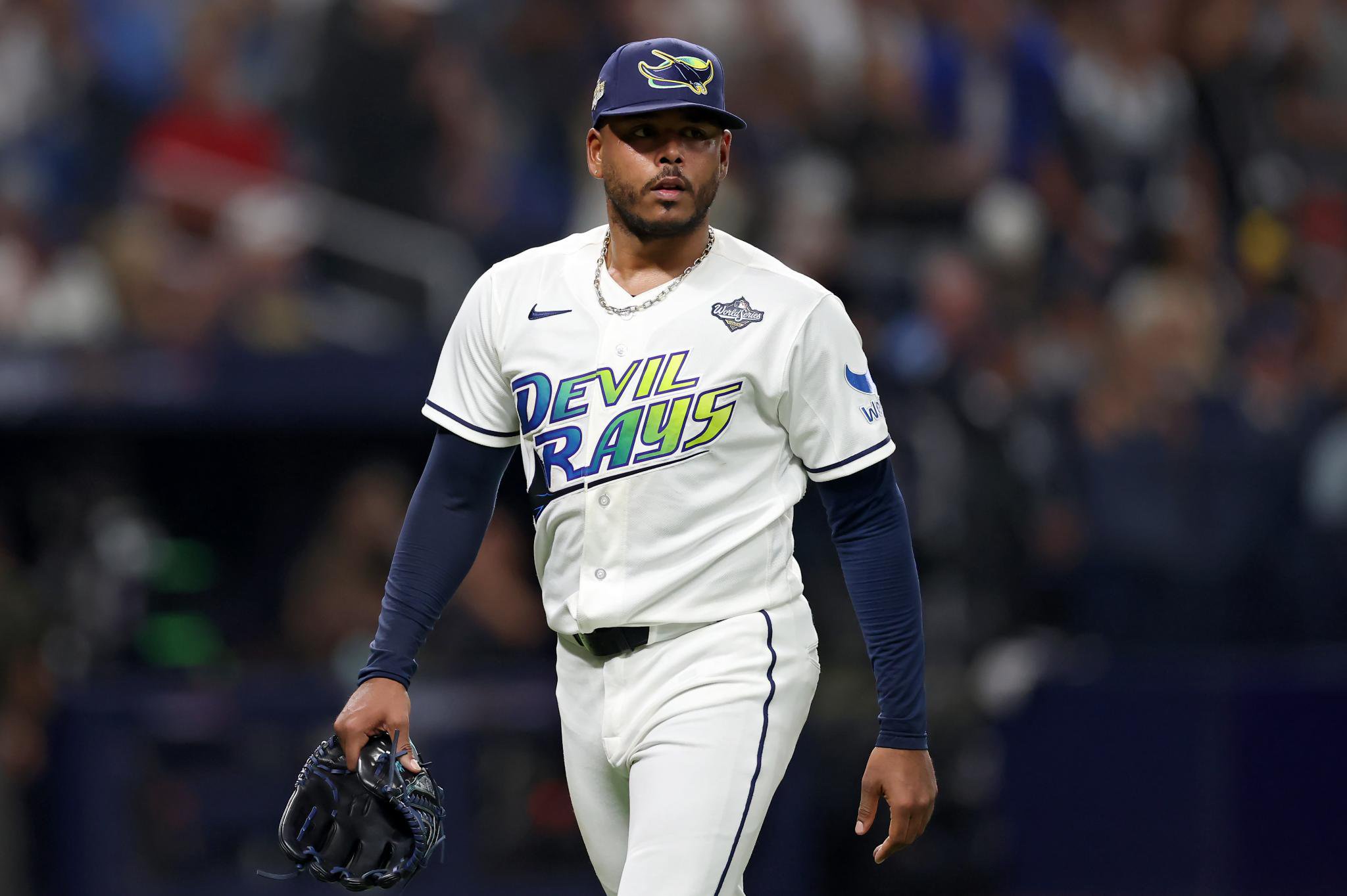 Freddy Peralta of the Tampa Bay Rays looks on during the third inning against the Milwaukee Brewers in St. Petersburg, Fla., Monday, Oct. 26, 2026.