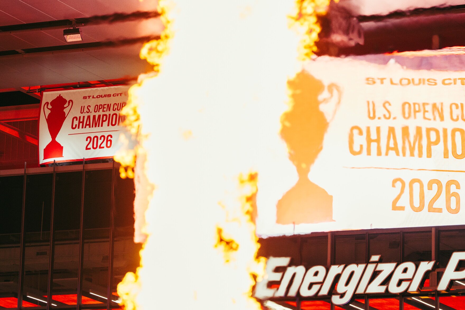 St. Louis City SC’s 2026 Lamar Hunt U.S. Open Cup championship banner is unveiled amid pyrotechnics on Wednesday, Oct. 28, 2026, at Energizer Park.