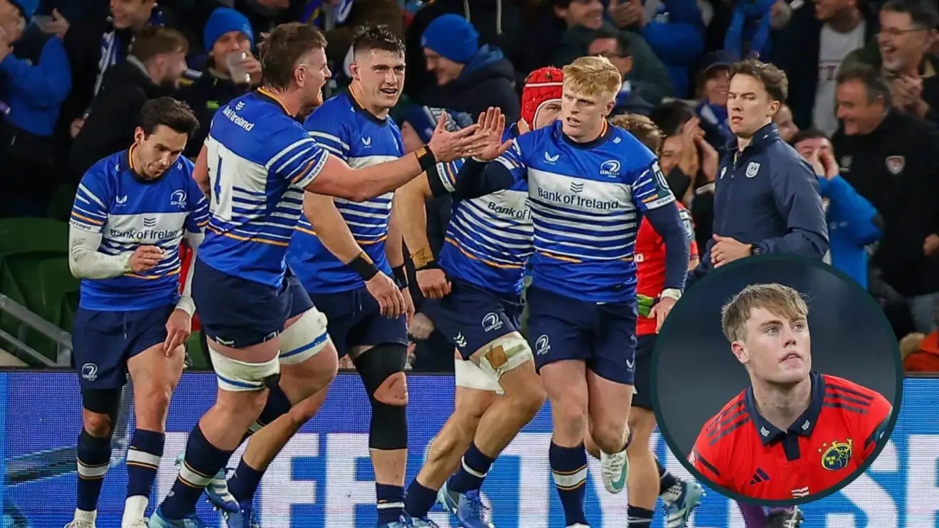 Two-layer image of Leinster and Munster URC rugby