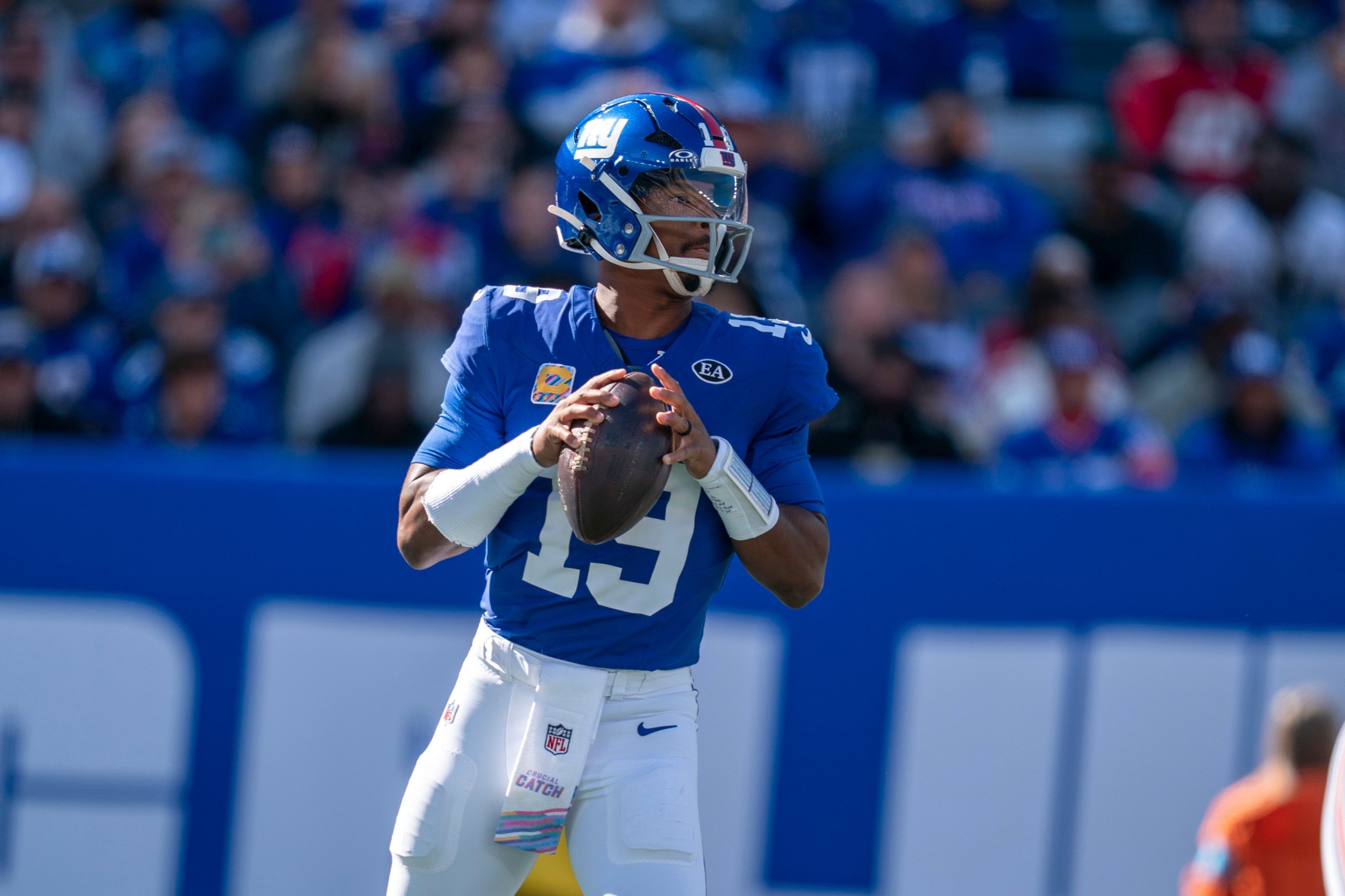 New York Giants quarterback Jameis Winston (19) looks to throw the ball during a week 6 NFL football game between New York