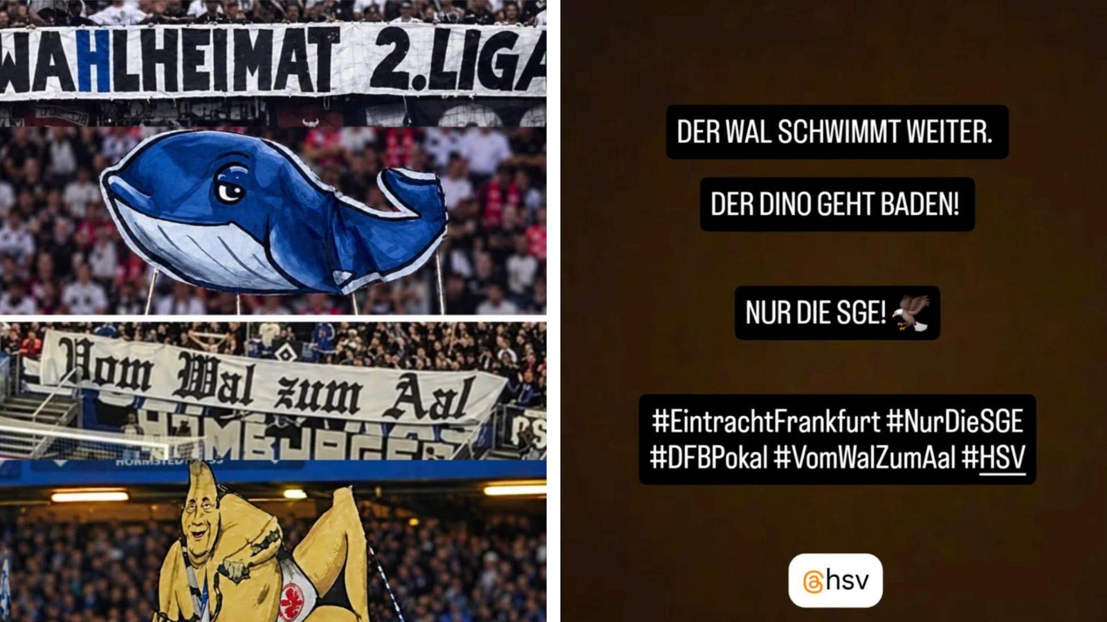 Erst verhöhnt Frankfurt den HSV als gestrandeten Wal („Wa(h)lheimat 2. Liga“), jetzt schlagen die Hamburger im DFB-Pokal gegen einen SGE-Edelfan zurück.