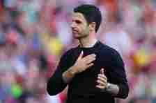 Mikel Arteta, manager of Arsenal, acknowledges the home support after the Premier League match between Arsenal FC and Everton FC at Emirates Stadiu...