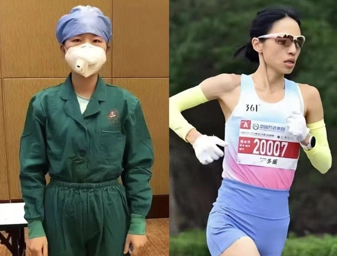 Zhang Shuihua (L) as a nurse and now a professional marathon runner. Photos taken from Zhang Shuihuas Baidu page