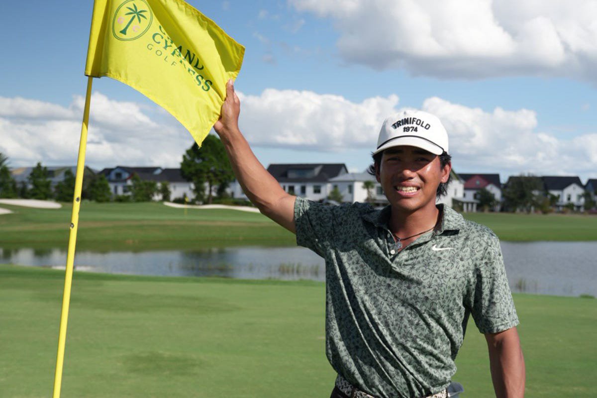 Enrique Dimayuga celebrates after winning the 2026 Advocates Professional Golf Association Billy Horschel Invitational.