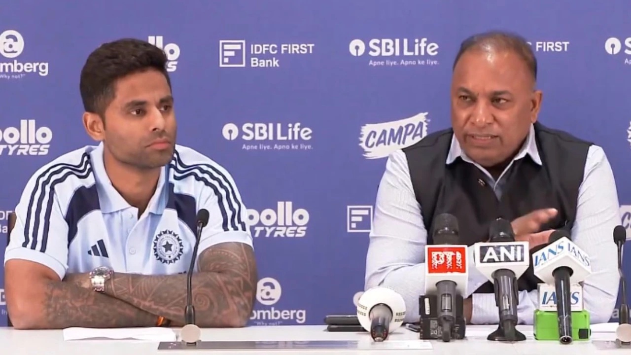 Suryakumar Yadav and Devajit Saikia at ICC T20 World Cup 2026 squad announcement presser