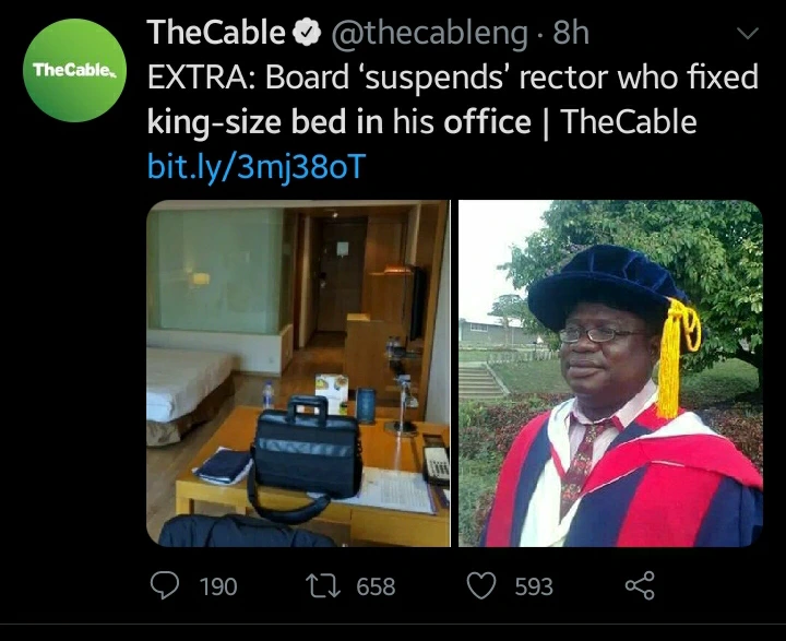 Federal Polytechnic of Ede, has allegedly suspended the rector of the Institution for fixing a King Sized bed in his office