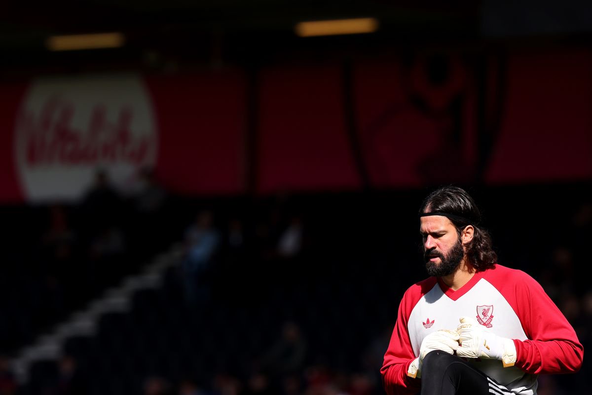 Alisson Becker of Liverpool warms up ahead of the Premier League 2026/27 match against Bournemouth