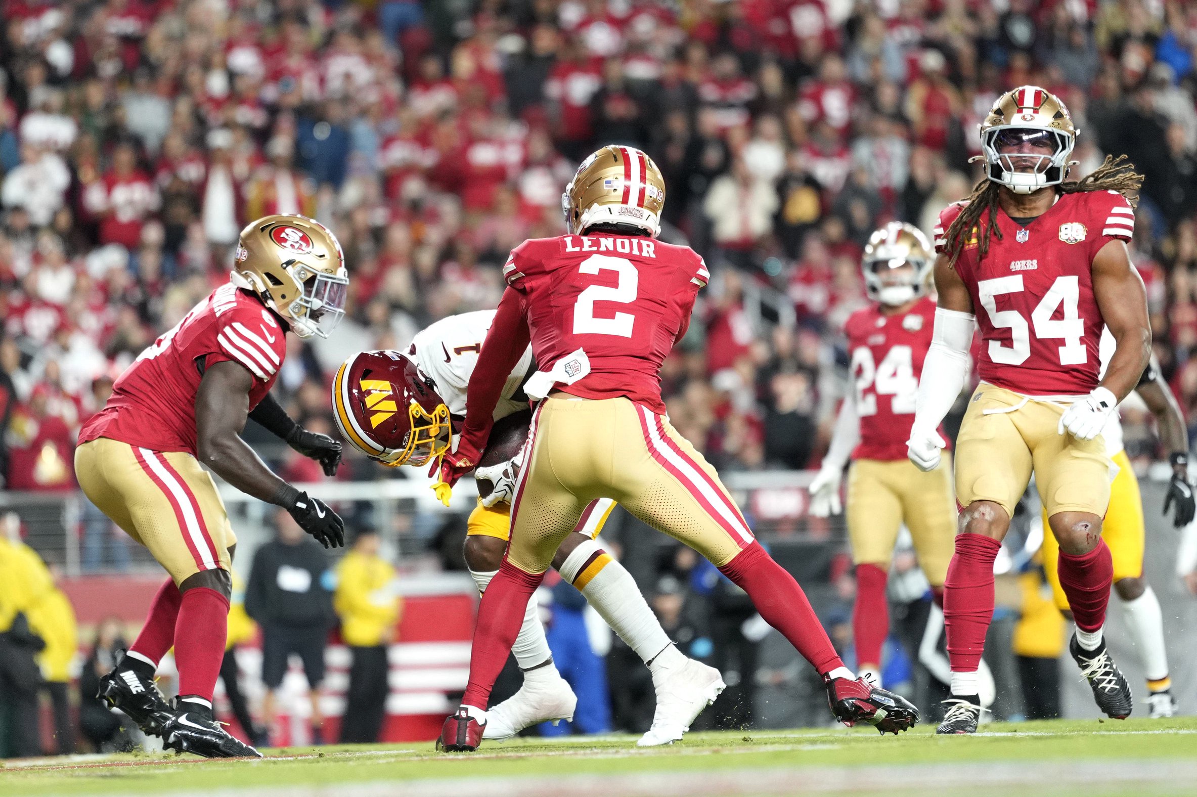 Oct 19, 2026; Santa Clara, California, USA;  Washington Commanders running back Rachaad White (1) rushes for a touchdown as San Francisco 49ers defensive back Deommodore Lenoir (2) defends during the fourth quarter at Levi's Stadium.  Mandatory Credit: Kyle Terada-Imagn Images