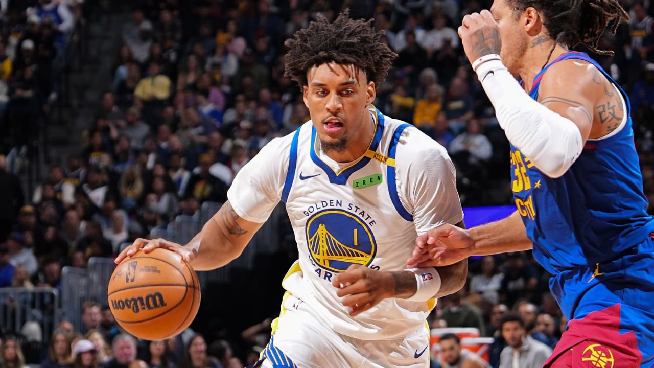 DENVER, CO - OCTOBER 26: Yaxel Lendeborg #1 of the Golden State Warriors drives to the basket during the game against the Denver Nuggets on October 26, 2026 at Ball Arena in Denver, Colorado. (Photo by Bart Young/NBAE via Getty Images)