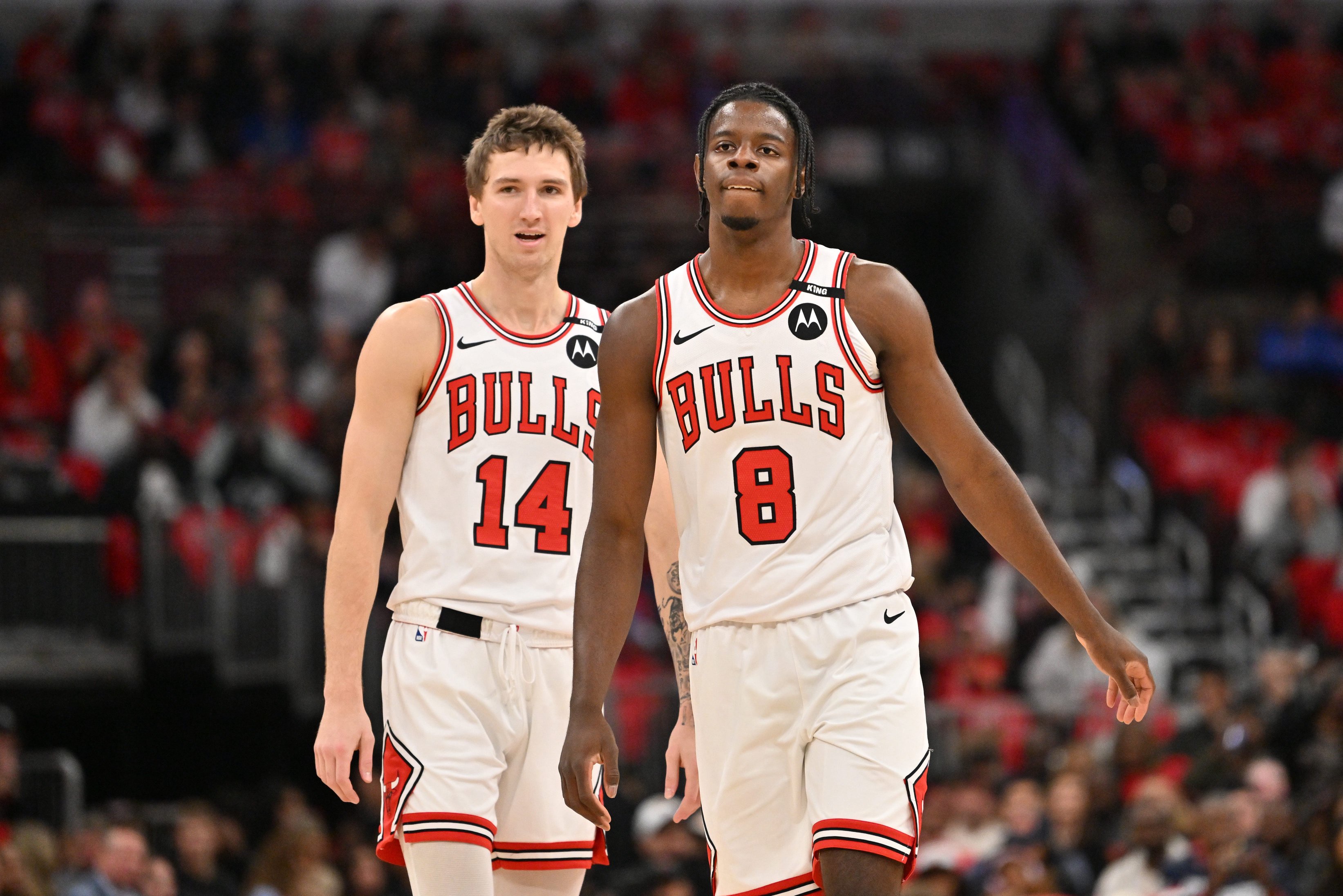 Oct 24, 2026; Chicago, Illinois, USA;  Chicago Bulls forward Matas Buzelis (14) and forward Caleb Wilson (8) during the first half against the Washington Wizards at United Center.  Mandatory Credit: Patrick Gorski-Imagn Images