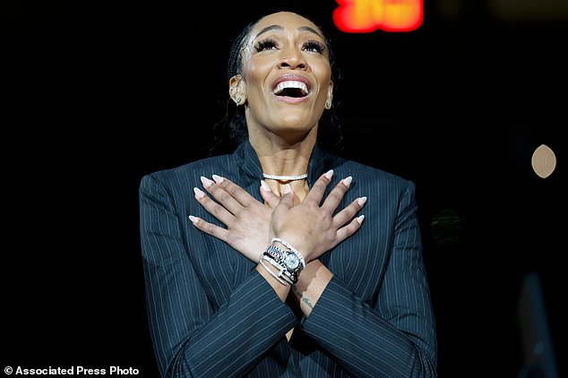 FILE - A'ja Wilson attends a ceremony to retire her number before an NCAA college basketball game between South Carolina and Auburn in Columbia, S.C., Sunday, Feb. 2, 2025. (AP Photo/Nell Redmond, File)