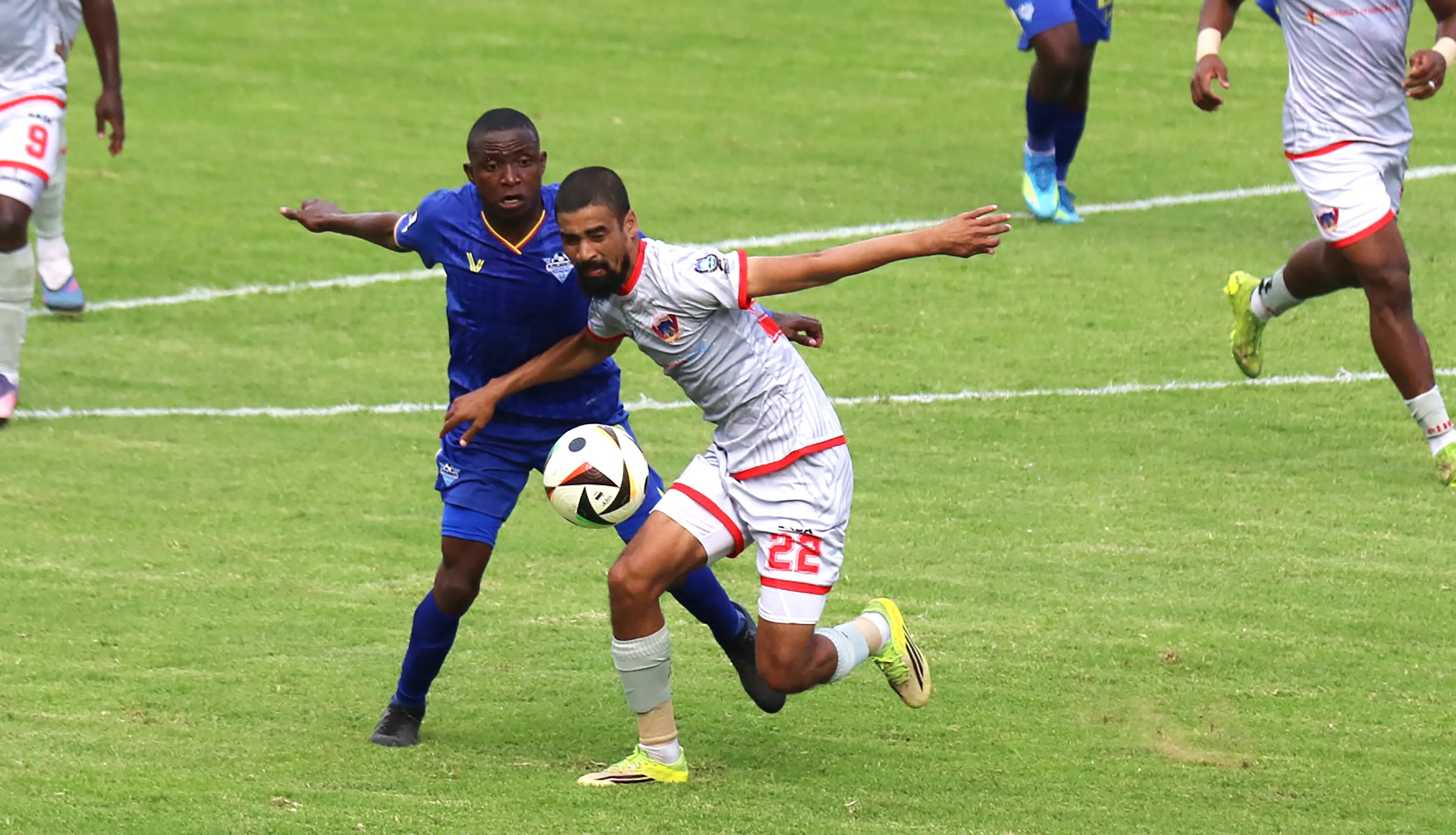 Chippa United defender Abbubaker Mobara challenges for the ball against Kruger United in their Betway Premiership soccer match at the Buffalo City Stadium on Saturday. 