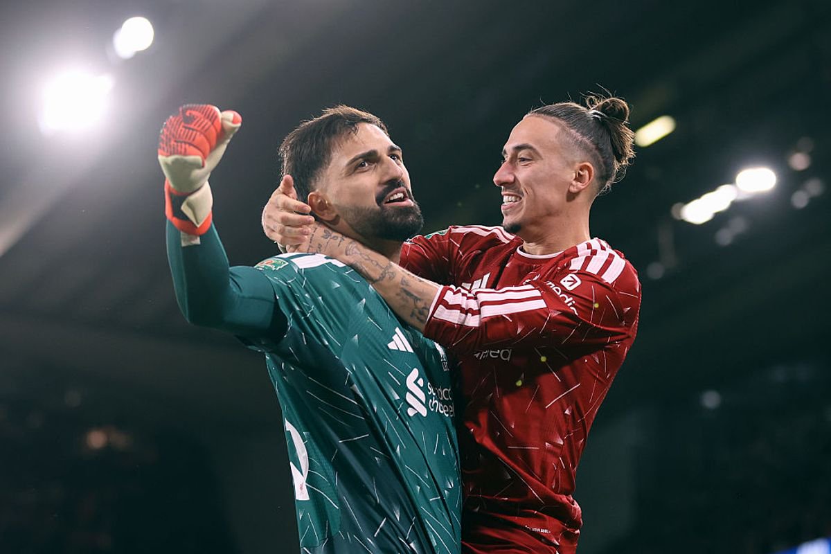 LIVERPOOL, ENGLAND - OCTOBER 28: Liverpool goalkeeper Giorgi Mamardashvili celebrates victory with Kostas Tsimikas of Liverpool during the Carabao Cup Fourth Round match between Liverpool and Chelsea at Anfield on October 28, 2026 in Liverpool, England. (Photo by Jacques Feeney/Offside/Offside via Getty Images)
