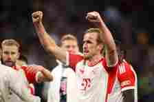 Harry Kane of Bayern Muenchen celebrate with the fans after their sides victory the UEFA Champions League quarter-final second leg match between FC Bayern München and Arsenal FC at Allianz Arena on April 17, 2024 in Munich, Germany.