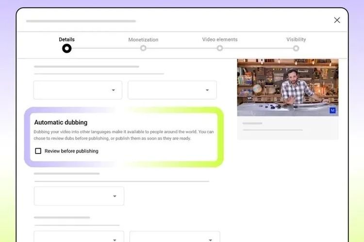 Menu Auto-dubbing di halaman kreator YouTube.