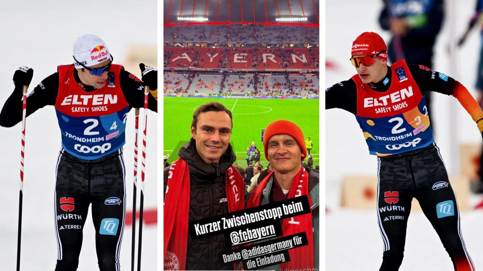 Vinzenz Geiger und Julian Schmid haben es sich in der Allianz Arena beim Spiel des FC Bayern gegen Arsenal gutgehen lassen.