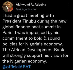 Adesina Expresses Admiration for Tinubu's Dedication to Courageous Policies Following Meeting in France