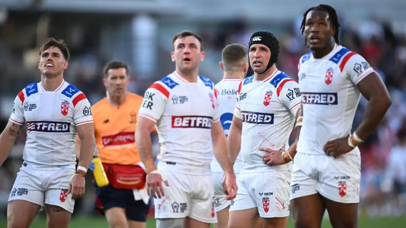 England players appear dejected after conceding a try during their group stage defeat to Tonga during the 2026 Rugby League World Cup