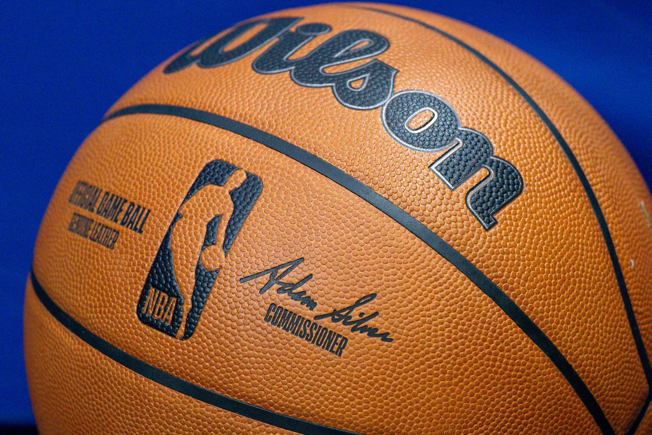A view a Wilson NBA basketball and logo during the game between the Mavericks and the Spurs at the American Airlines Center on Feb 5, 2026. 