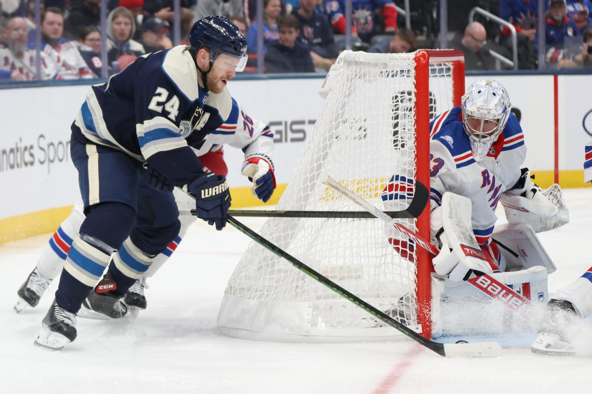 Dylan Garand stops Mathieu Olivier's wraparound shot during the Rangers' road loss to the Blue Jackets.