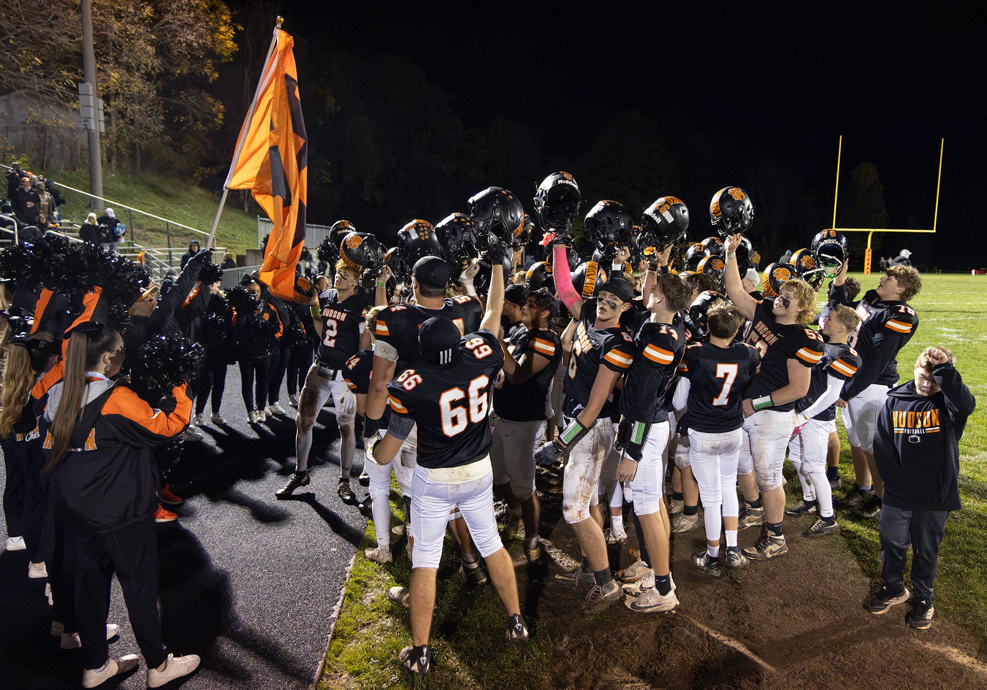 Hudson football celebrates its LCAA title after a 26-0 win over Ida on Oct. 16, 2026.