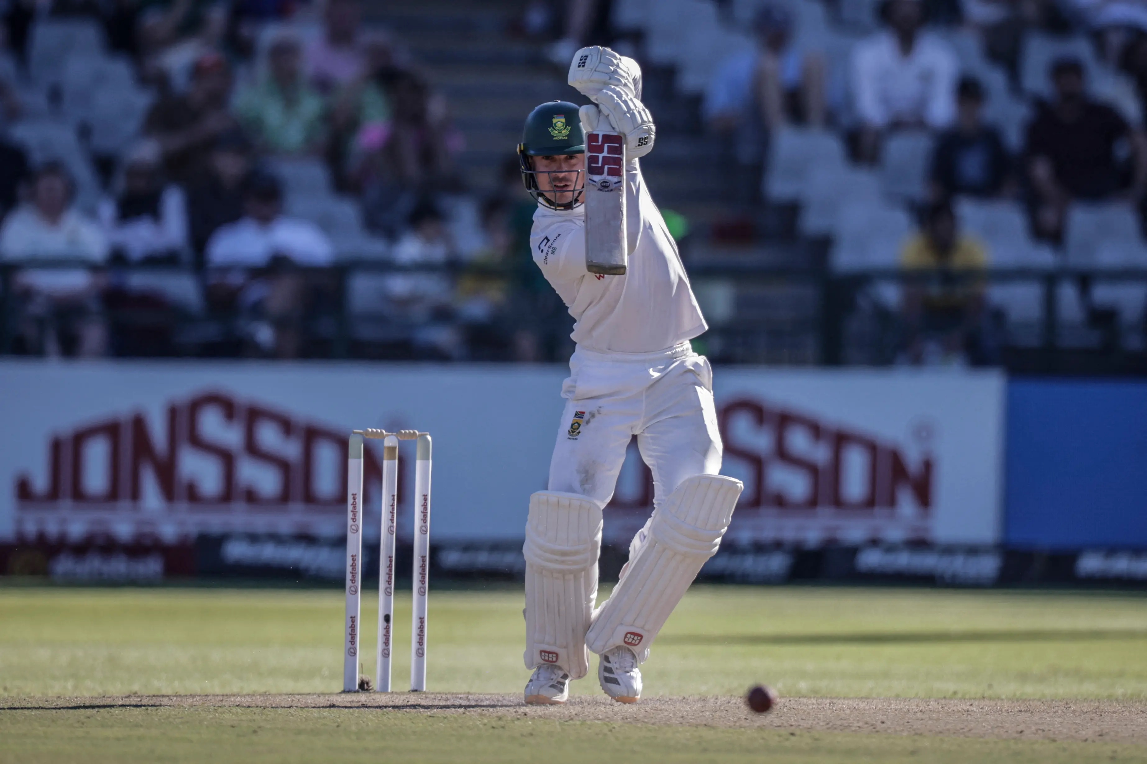South Africa's Matthew Breetzke plays a shot on day three of the third Test match between South Africa and Australia at Newlands stadium in Cape Town on October 29, 2026.