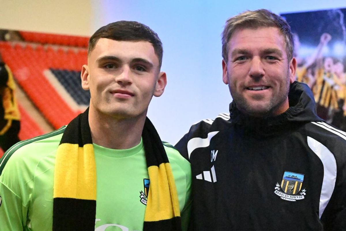 Newcastle United goalkeeper Aidan Harris with Hebburn Town manager Daniel Moore after joining the club on loan