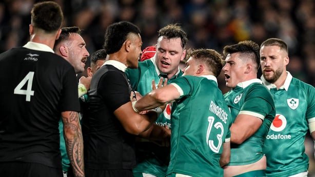 18 July 2026; Players including Dan Sheehan of Ireland tussle during the 2026 Nations Championship Round 3 match between New Zealand and Ireland at Eden Park in Auckland, New Zealand. Photo by Brendan Moran/Sportsfile