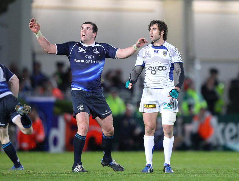Clermont’s Brock James watches as his last-minute drop goal goes wide, with Leinster’s Shane Jennings looking on during the 2010 Heineken Cup quarter-final. Photograph: Billy Stickland/Inpho