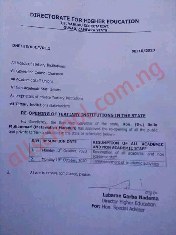 Zamfara State Schools Resumption Date