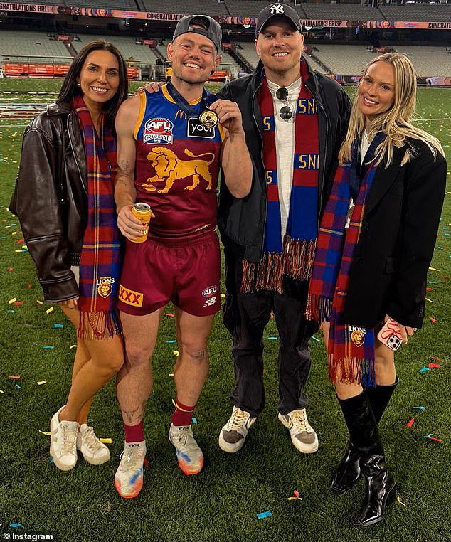 What a difference a year makes: Emma's outing at this year's AFL Grand Final drew inevitable comparisons with Lachie's appearance at the same event a year earlier alongside Jules (right) and his then-mistress, Tess Crosley (left)