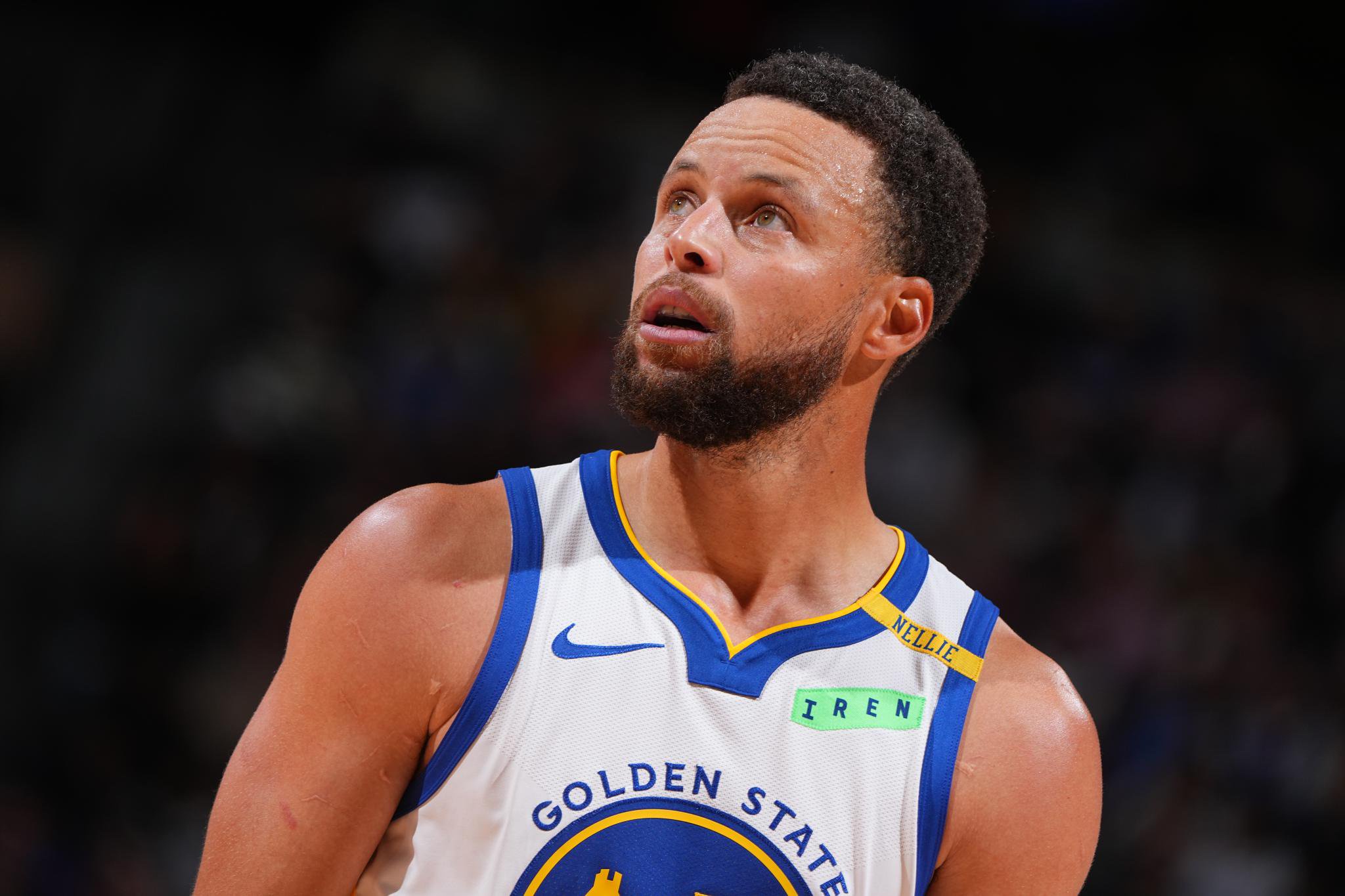 Stephen Curry of the Golden State Warriors looks on during a game.
