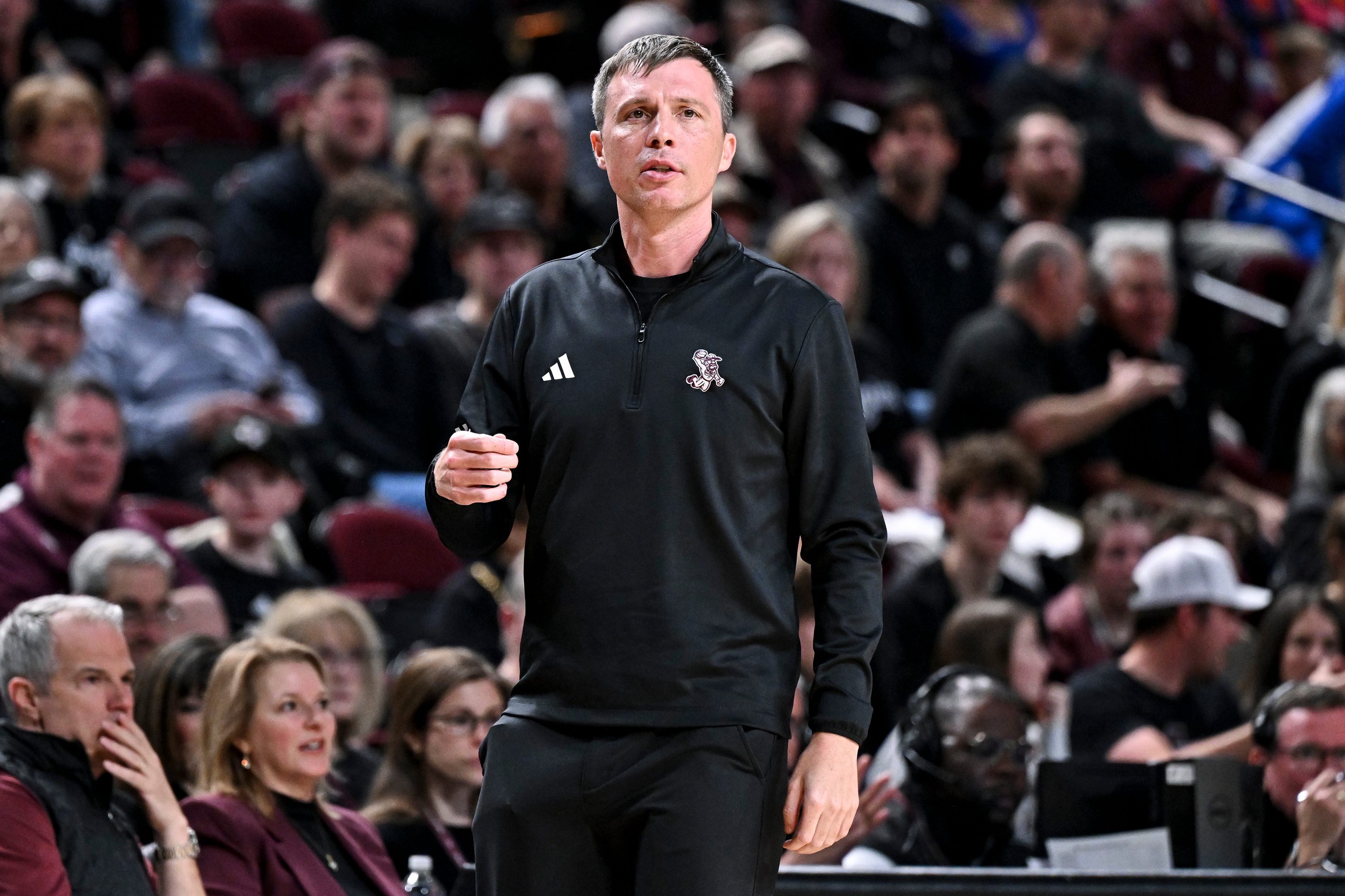 Feb 7, 2026; College Station, Texas, USA; Texas A&amp;M Aggies head coach Bucky McMillan looks on during the first half against the Florida Gators at Reed Arena. Mandatory Credit: Maria Lysaker-Imagn Images