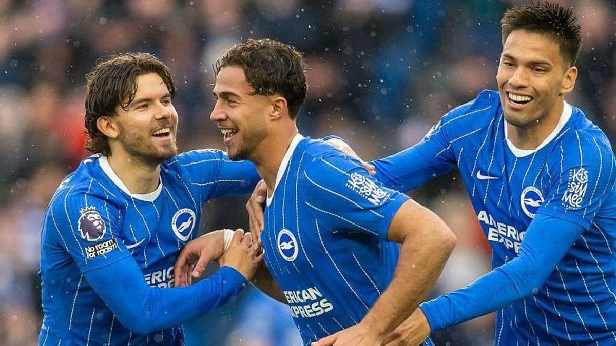 Charalampos Kostoulas of Brighton and Hove Albion celebrates scoring his team's fourth goal