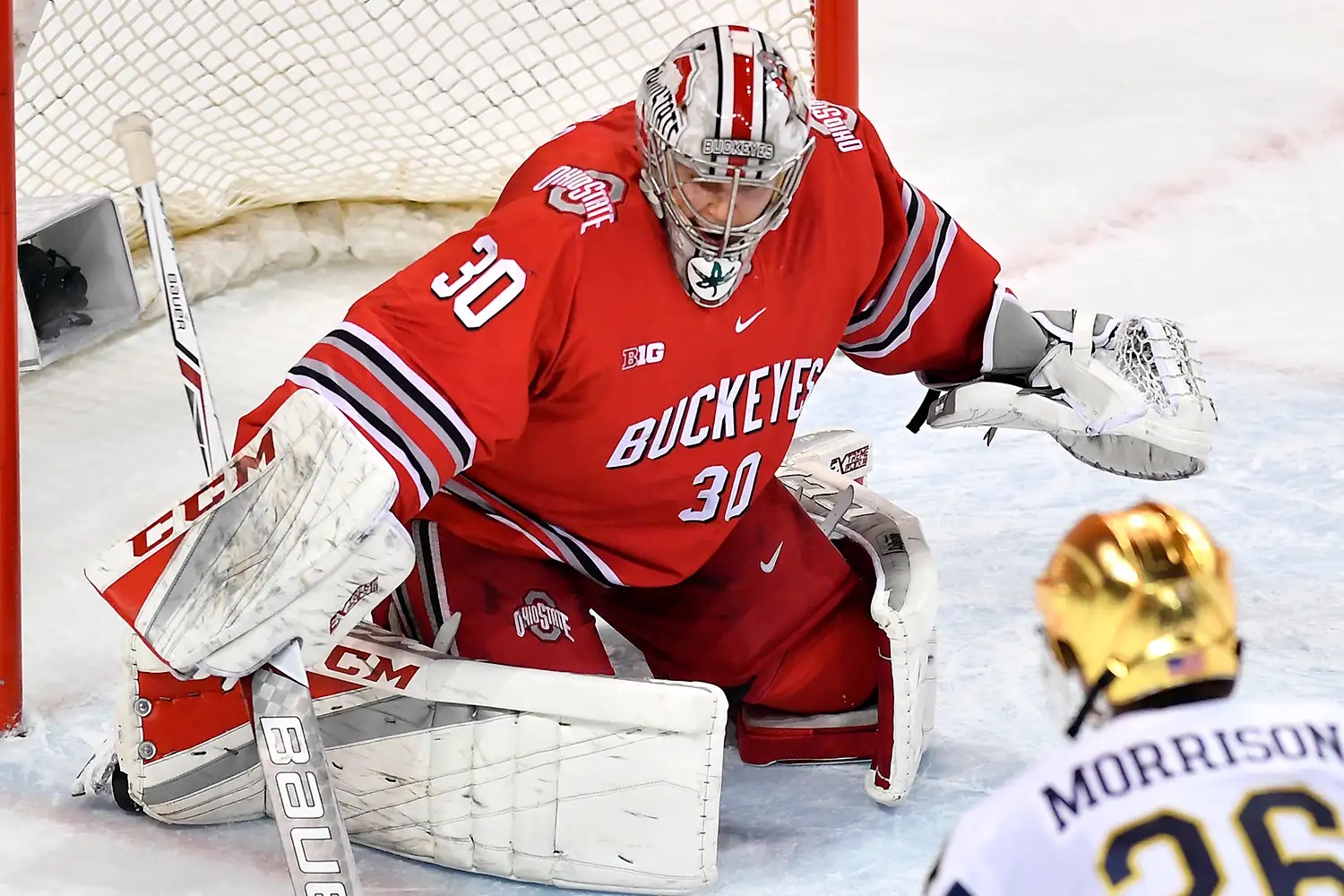  Ohio State Buckeyes goaltender Sean Romeo (30) makes a save during the game between the Notre Dame Fighting Irish and the Ohio State Buckeyes on February 10, 2018 