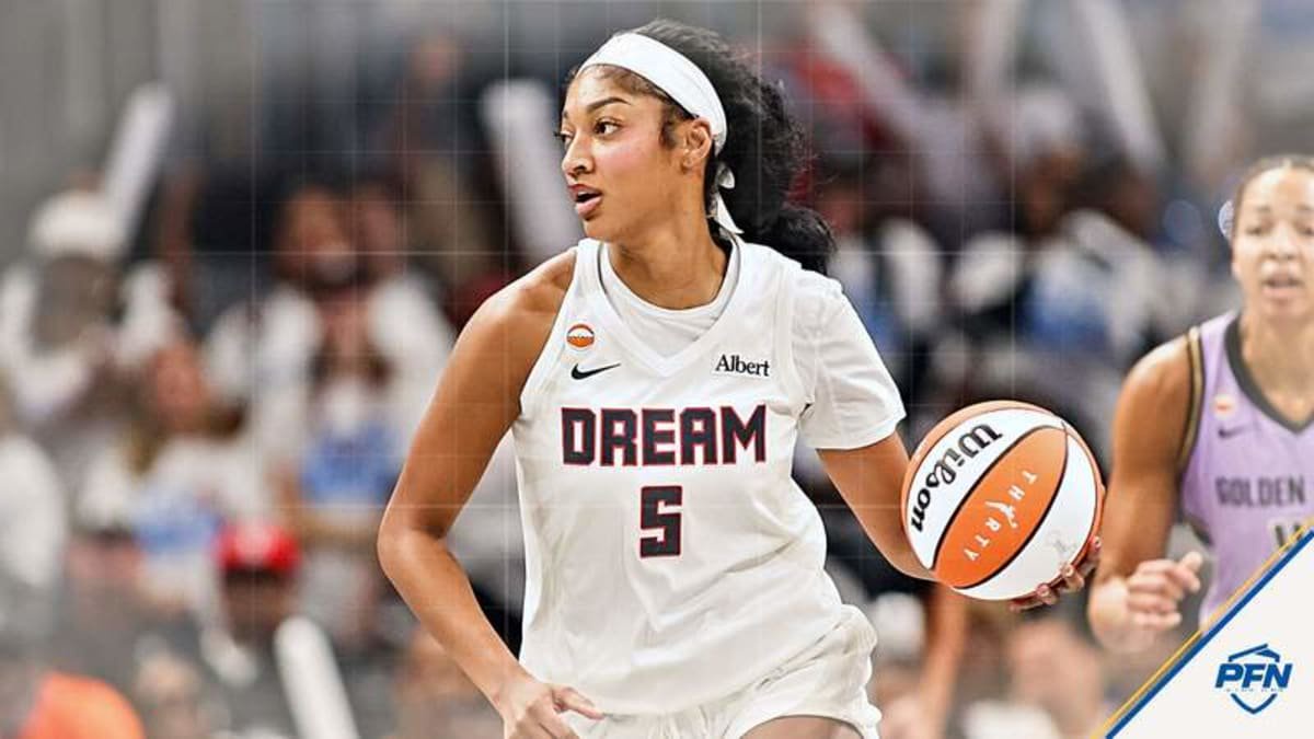 Oct 24, 2026; Atlanta, Georgia, USA; Atlanta Dream forward Angel Reese (5) dribbles against the Golden State Valkyries in the first quarter during game four of the 2026 WNBA Finals at State Farm Arena. © Brett Davis-Imagn Images