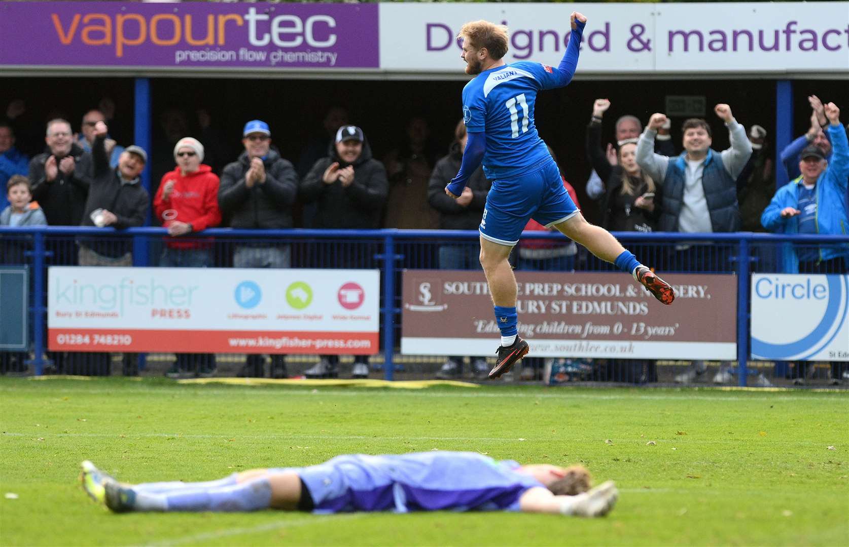 Callum Page celebrates his stoppage-time goal against Stourbridge. Picture: Mecha Morton