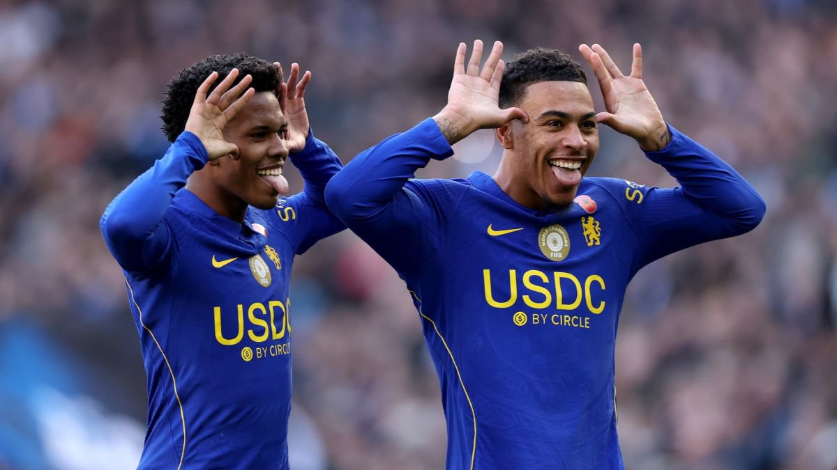 Morgan Rogers and Estevao celebrate. (Photo by Justin Setterfield/Getty Images)