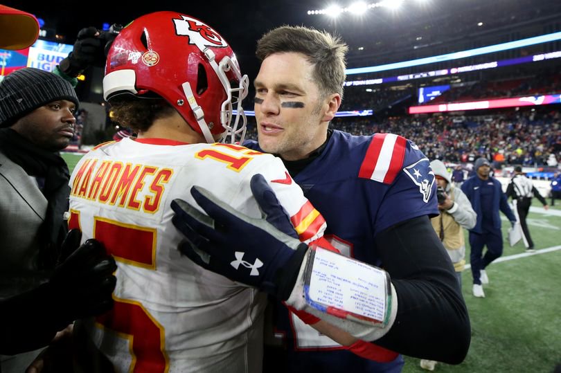 FOXBOROUGH, MASSACHUSETTS - DECEMBER 08: Tom Brady #12 of the New England Patriots talks with Patrick Mahomes #15 of the Kansas City Chiefs after the Chief defeat the Patriots 23-16 at Gillette Stadium on December 08, 2019 in Foxborough, Massachusetts.