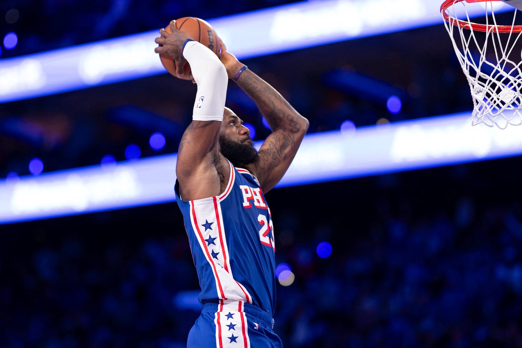 Philadelphia 76ers forward LeBron James (23) drives for a dunk against the Cleveland Cavaliers during the second quarter at Xfinity Mobile Arena.