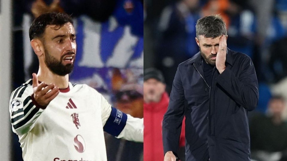 Bruno Fernandes and Michael Carrick trade criticism after Manchester United’s 1-4 Como defeat. (Reuters and AP Images)