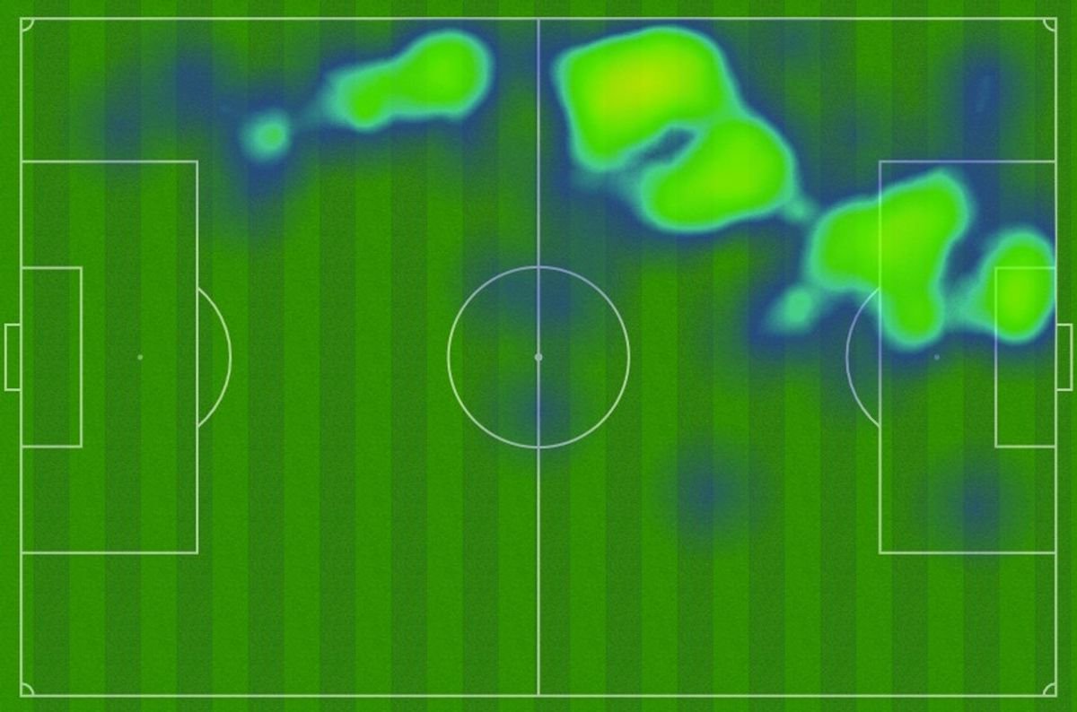 Cody Gakpo heatmap (Opta): With Brighton committing bodies forward, Gakpo was able to cut inside from just inside the visitors' half and drive straight towards goal time after time